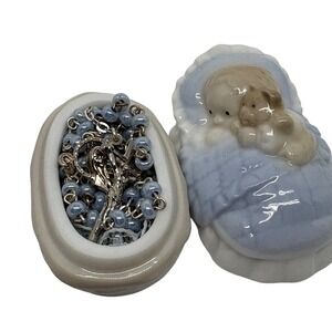 Roman Inc Porcelain Baby Boy Box Blue Beaded Rosary 31008 Baptism Gift Religious